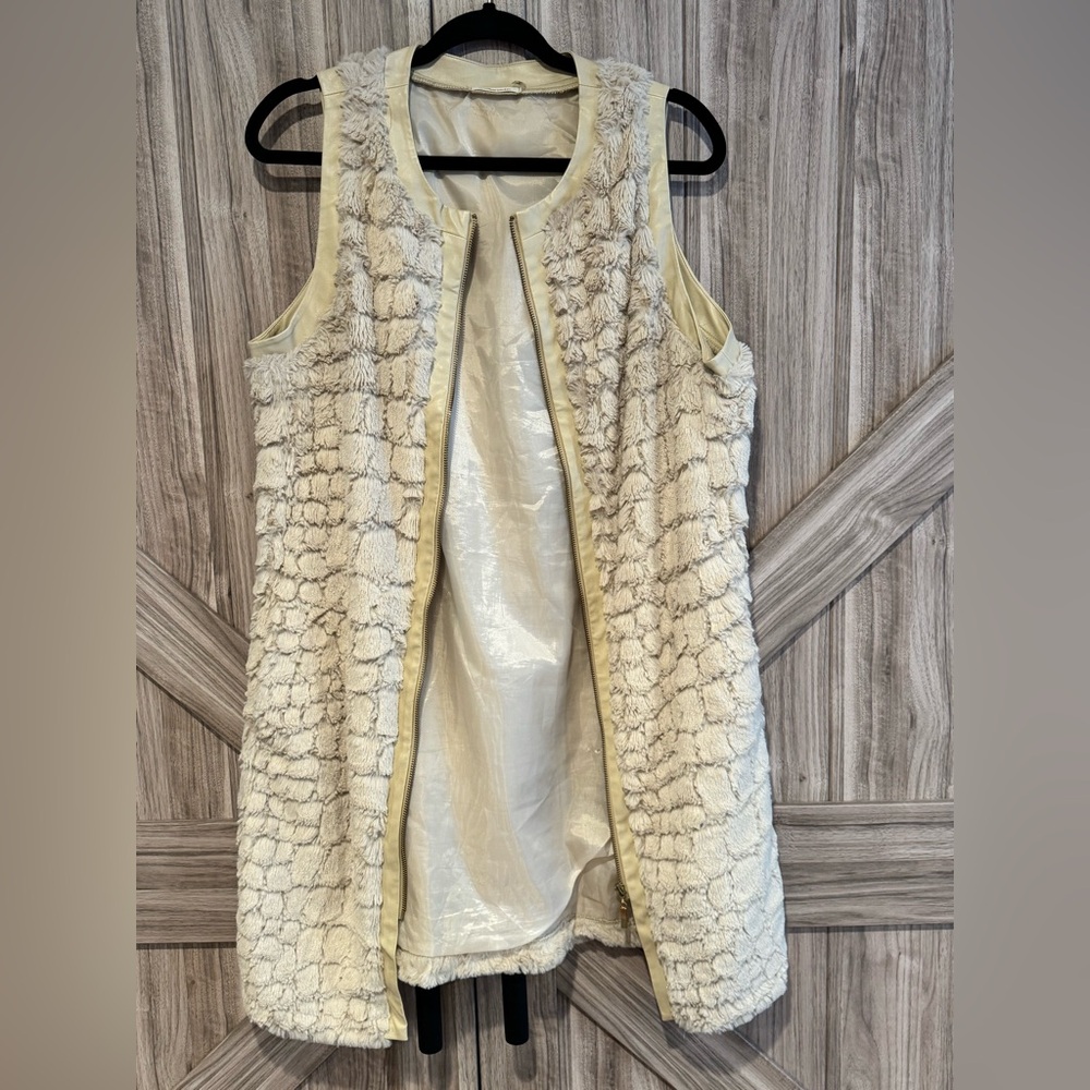Beige Faux Fur Faux Leather Trim Long Vest